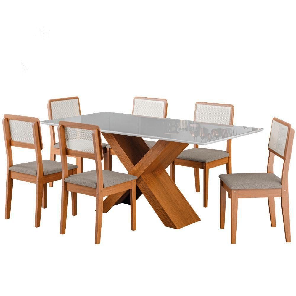 Conjunto De Mesa Sala De Jantar Tampo Com Vidro 1,80m Grécia 6 Cadeiras Santiago Dobuê off White