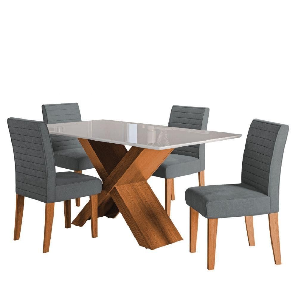 Conjunto de Mesa Sala de Jantar com Tampo de Vidro 1,36m Grécia 4 Cadeiras Creta Dobuê - Cinza