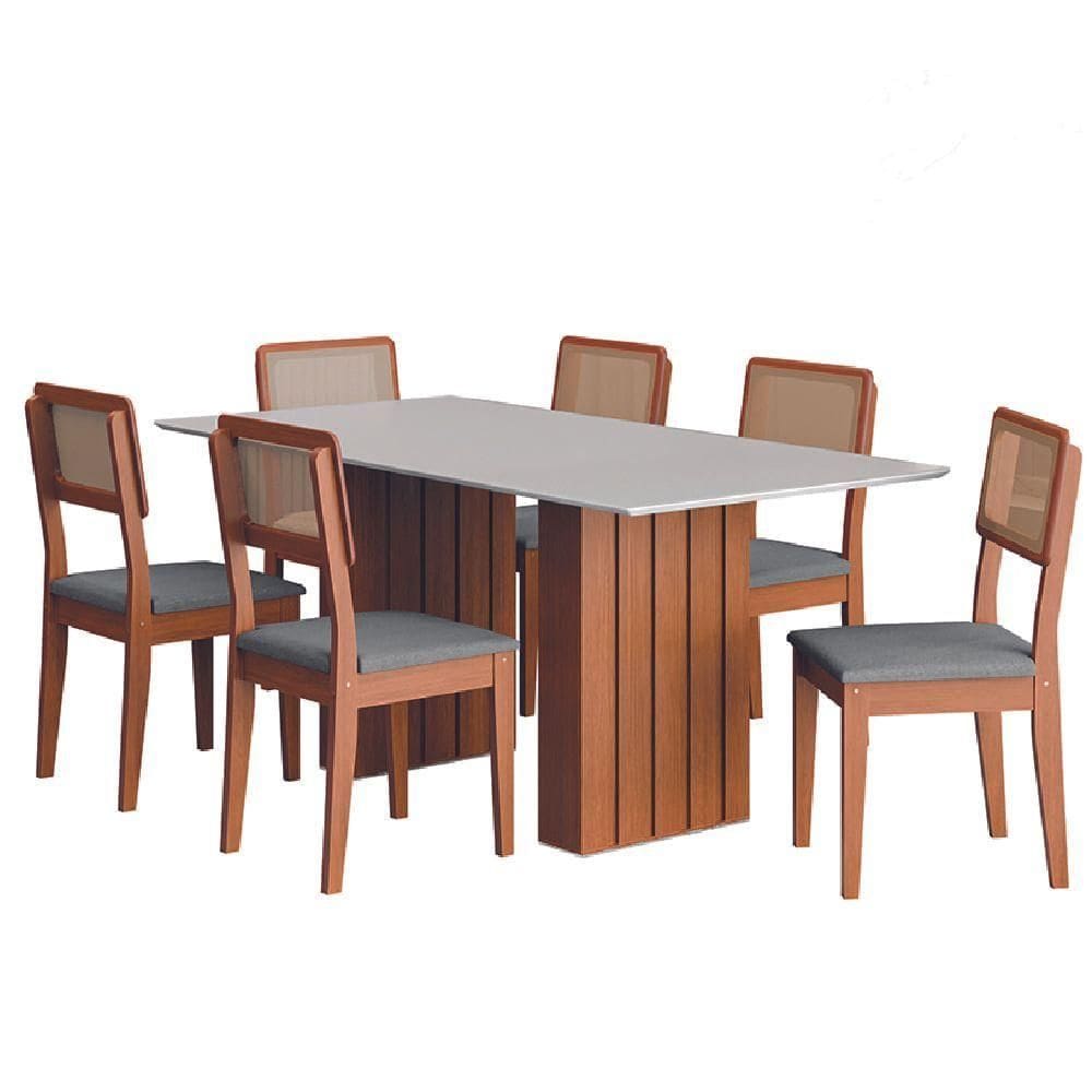 Conjunto De Mesa Sala De Jantar Ripada Tampo Com Vidro 1,80m 6 Cadeiras Santiago Dobuê Cinza