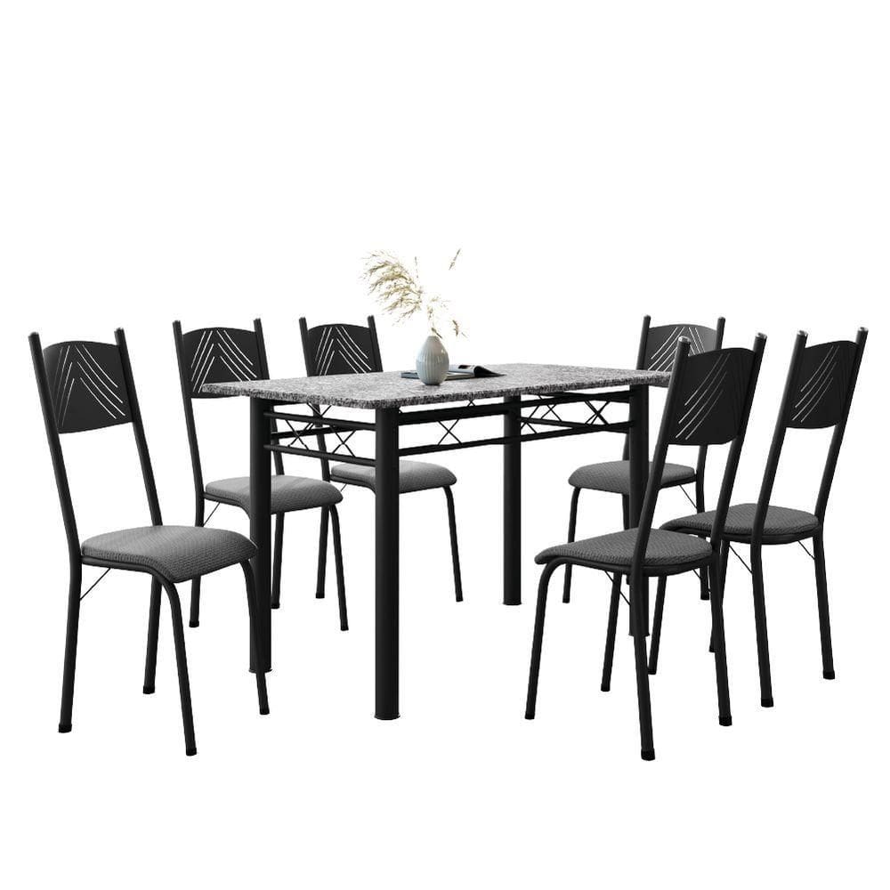 Conjunto De Mesa Sala De Jantar Sara Com 6 Cadeiras Tubular Granito 1,40m Artefamol Preto/Platina