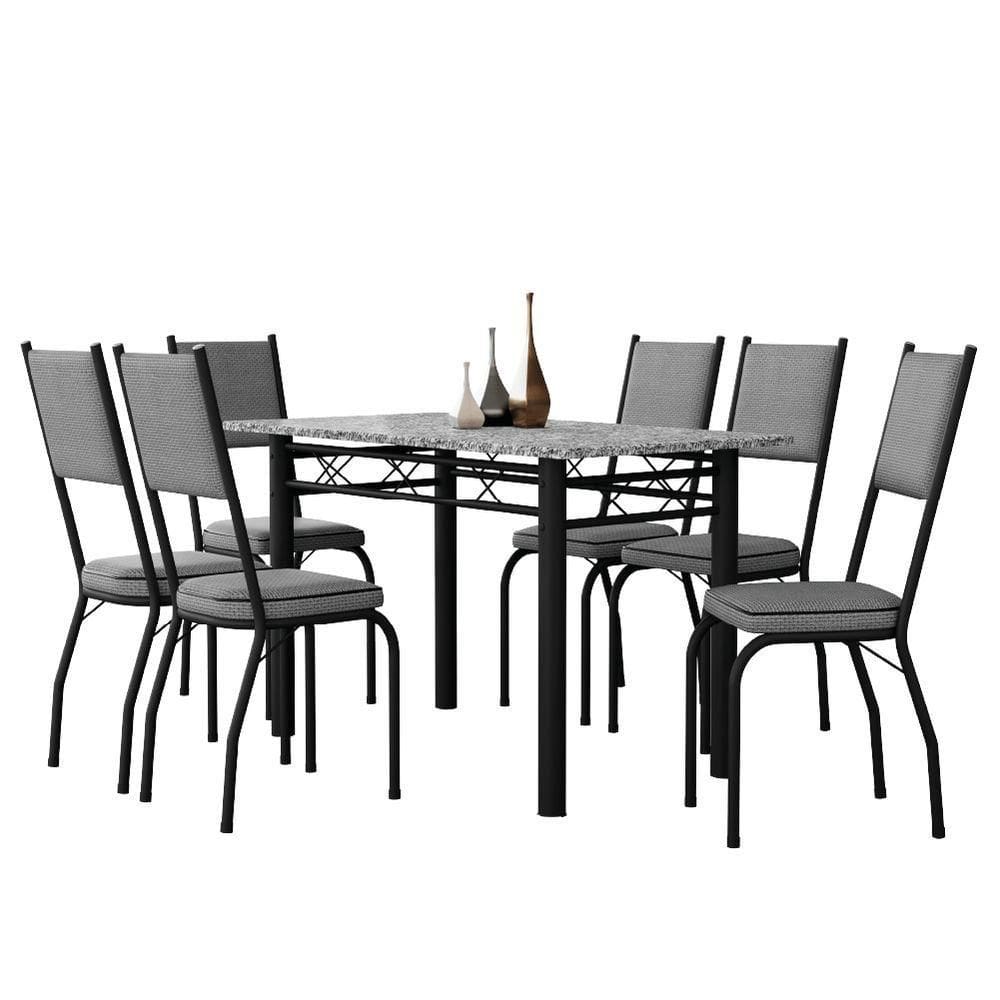 Conjunto Sala De Jantar Mesa Tampo Granito 1,40m Com 6 Cadeiras Diana Artefamol Preto/Platina