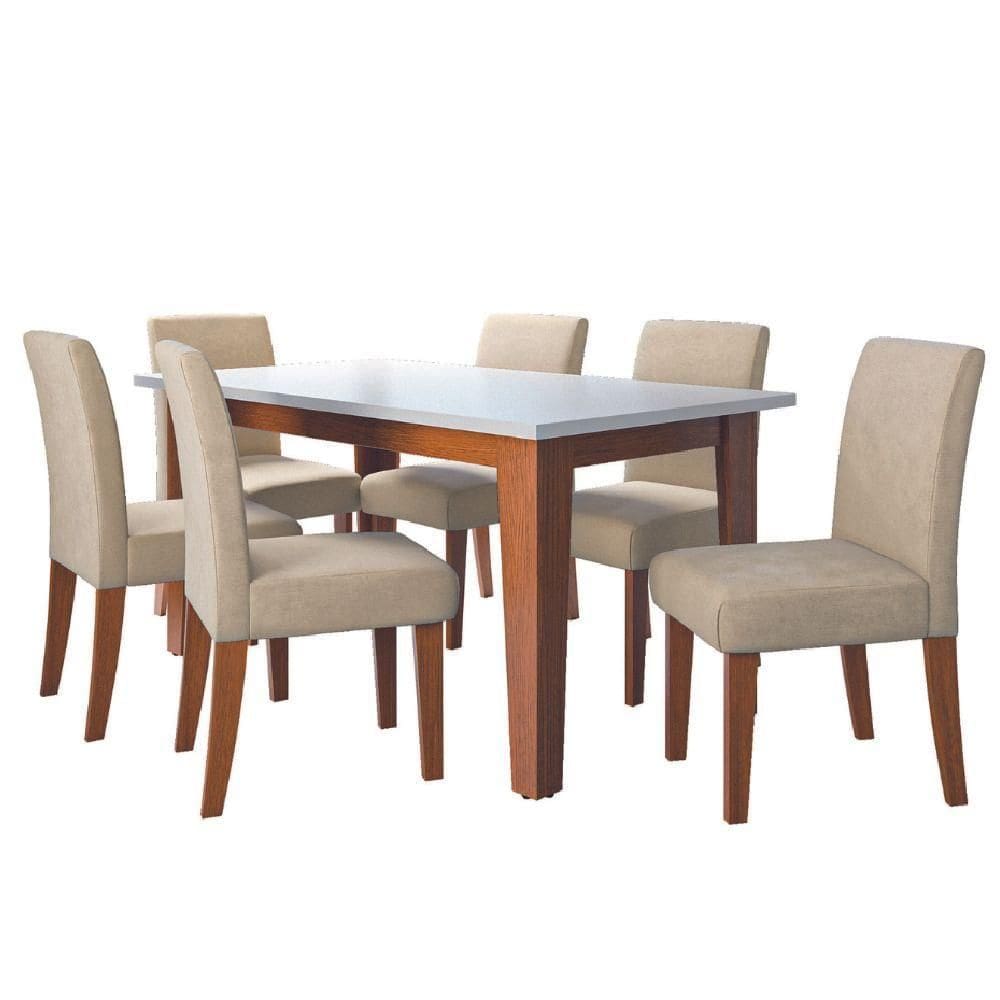 Conjunto Sala De Jantar Mesa Miami 1,60m 6 Cadeiras Trieste Dobuê Madeirado / Bege
