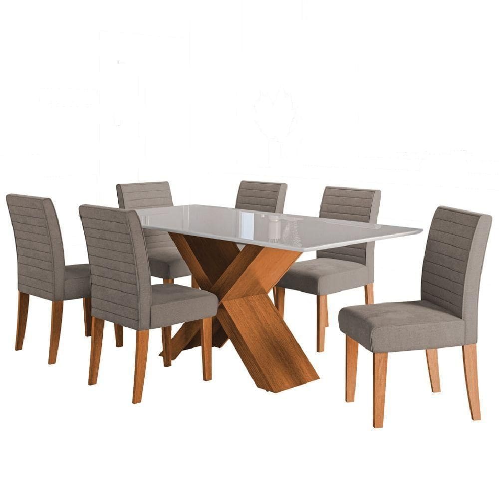 Conjunto De Mesa Sala De Jantar Tampo Com Vidro 1,60m Grécia 6 Cadeiras Dobuê Madeirado/Bege