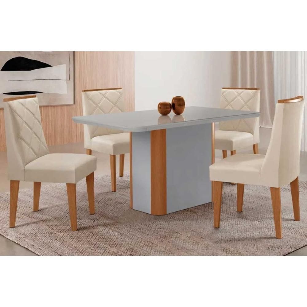 Conjunto Sala de Jantar Pietá c/ Tampo Madeirado c/ Vidro Canto Curvo 120x80cm e 4 Cadeiras Pietá Madeira Maciça Naturale/Off White - Capuccino/Suede