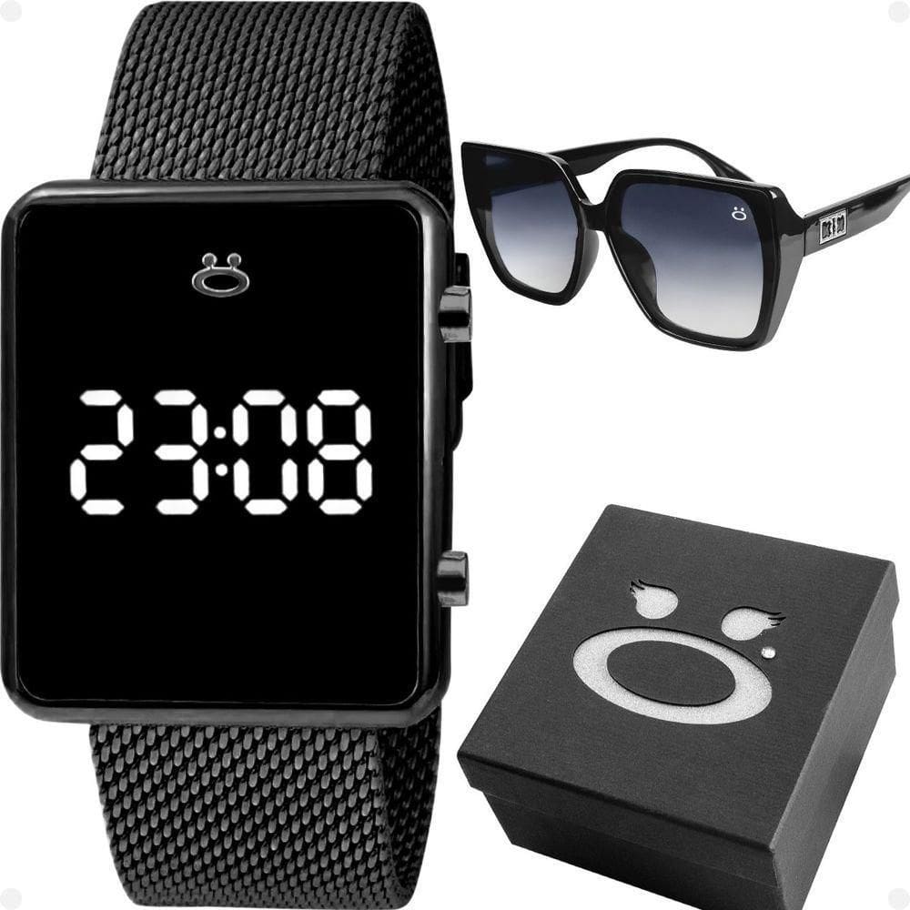 Relogio Digital Feminino Preto Aço Inox + Oculos Sol + Caixa autêntico Led Perola Casual Inoxidável