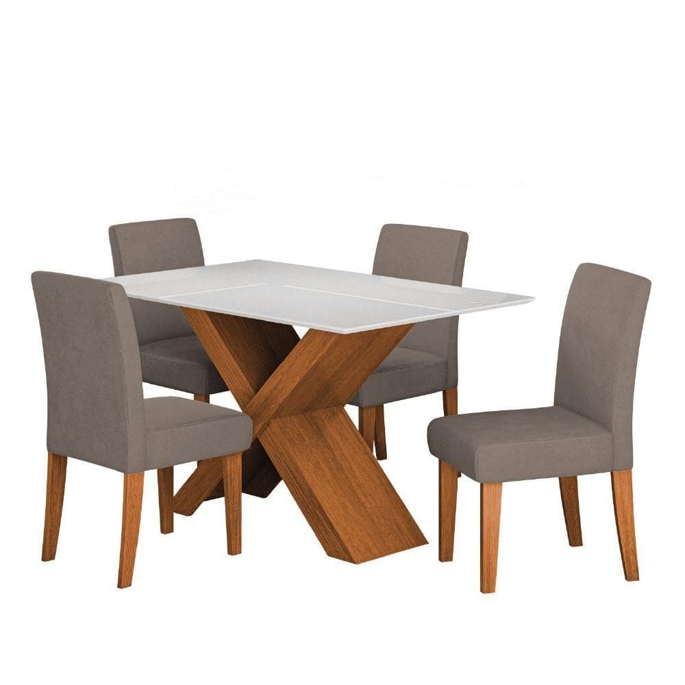 Conjunto De Mesa Sala De Jantar Tampo Com Vidro 1,36m Grécia 4 Cadeiras Trieste Dobuê Bege