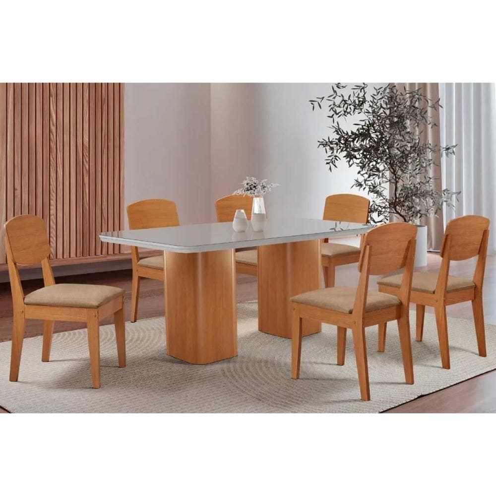 Sala de Jantar Completa Maldivas c/ Tampo Madeirado c/ Vidro Canto Curvo 180x90cm e 6 Cadeiras Havana Naturale/Off White - Linho Bege - Rufato