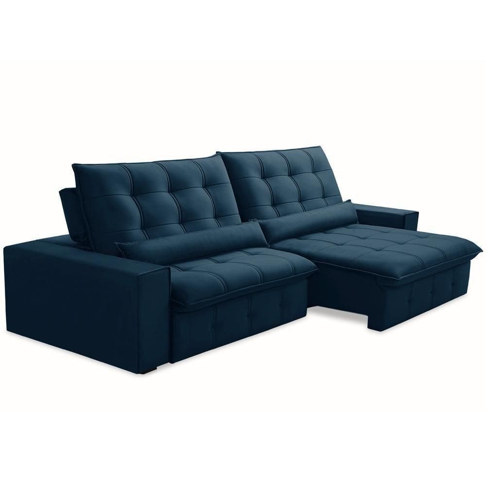 Sofá Retrátil Reclinável Para Sala 4 Lugares 290cm Curie F04 Veludo Azul - Lyam Decor