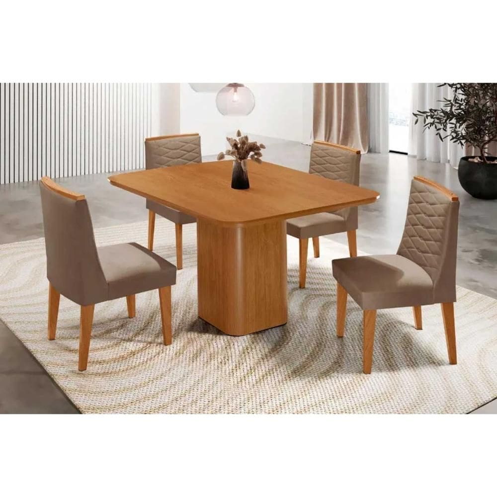 Sala de Jantar Completa Maldivas c/ Tampo Madeirado Canto Curvo 90x90cm e 4 Cadeiras Maldivas Naturale - Suede Capuccino - Rufato