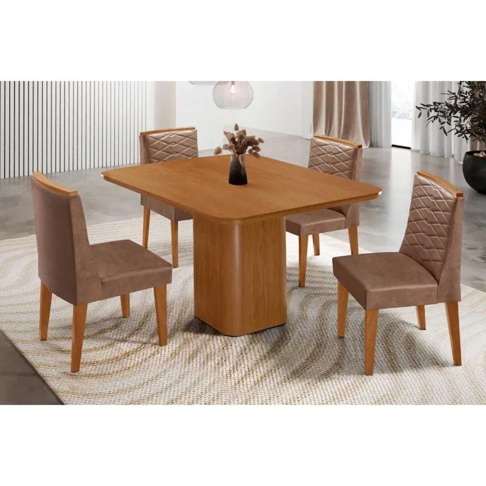 Sala de Jantar Completa Maldivas c/ Tampo Madeirado Canto Curvo 90x90cm e 4 Cadeiras Maldivas Naturale - Corano Capuccino - Rufato