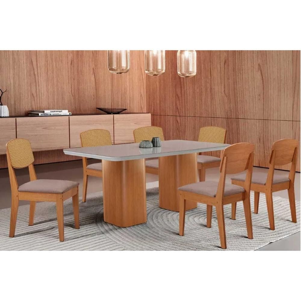 Conjunto Sala de Jantar Maldivas c/ Tampo Madeirado c/ Vidro Canto Curvo 180x90cm e 6 Cadeiras Havana Premium Naturale/Off White - Linho Capuccino-Ruf