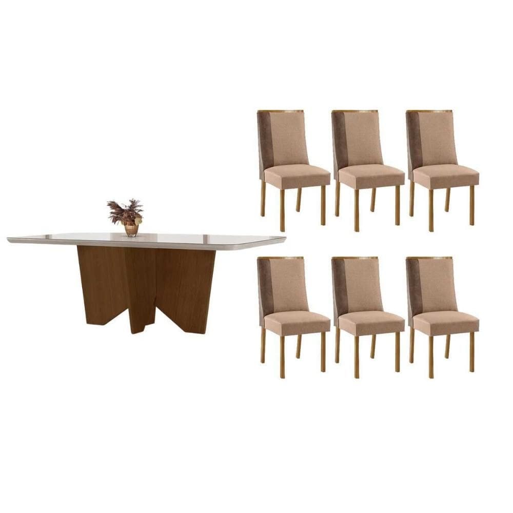 Sala de Jantar Completa Nevada c/ Tampo Madeirado c/ Vidro Canto Curvo 180x90cm e 6 Cadeiras Tilia Naturale/Off White - Linho Capuccino - Rufato