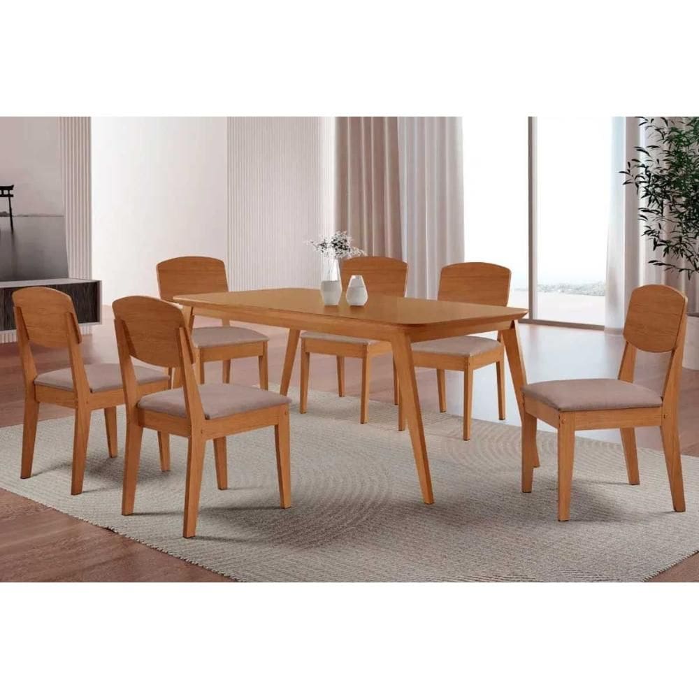 Sala de Jantar Completa Havana c/ Tampo Madeirado Canto Curvo 180x90cm e 6 Cadeiras Havana Naturale - Linho Capuccino - Rufato