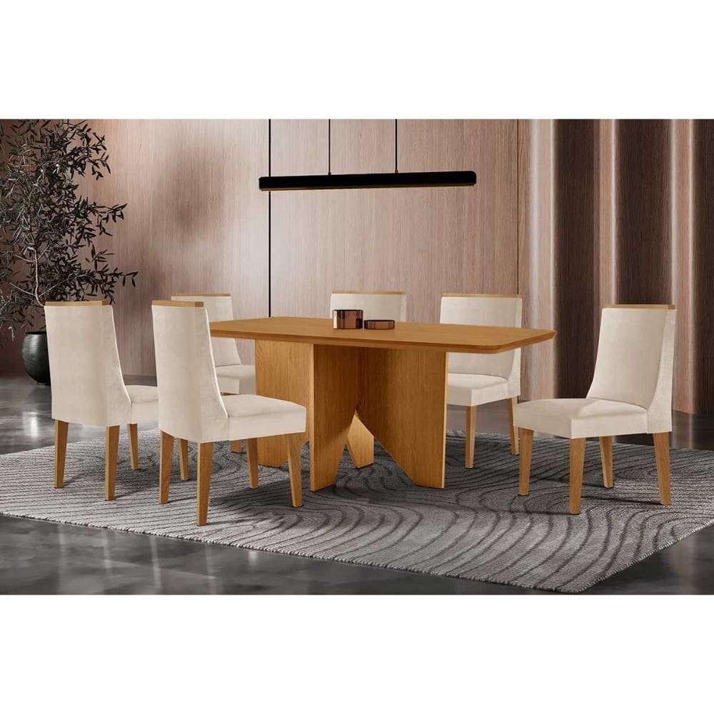 Sala de Jantar Completa Nevada c/ Tampo Madeirado Canto Curvo 180x90cm e 6 Cadeiras Dakota Naturale - Suede Creme - Rufato