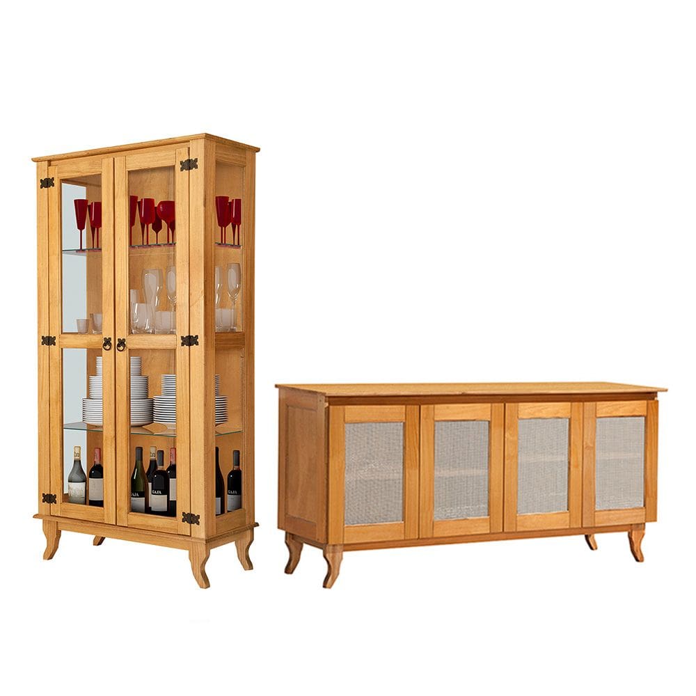 Conjunto Cristaleira de Madeira Antiga com Buffet 4 Portas em Madeira Premium Imbuia