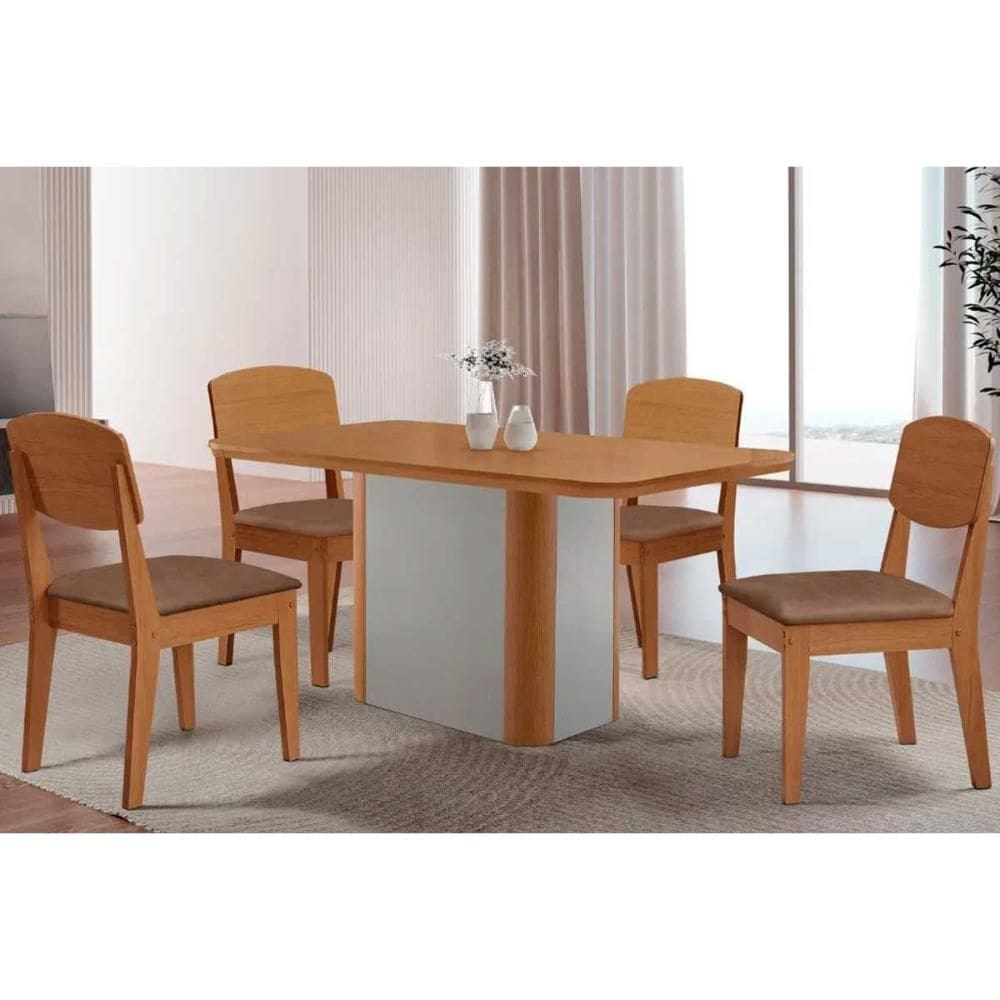 Sala de Jantar Completa Pietá c/ Tampo Madeirado Canto Curvo 120x80cm e 4 Cadeiras Havana Naturale/Off White - Corano Capuccino - Rufato