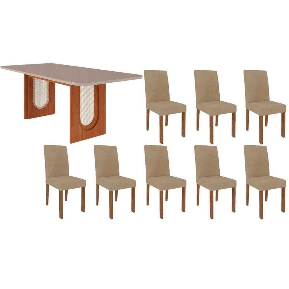 Sala de Jantar Completa Valentina Tampo Madeirado c/ Vidro 210x100cm e 8 Cadeiras Maia Cinamomo/Off White - Suede Gengibre Bege - Cimol
