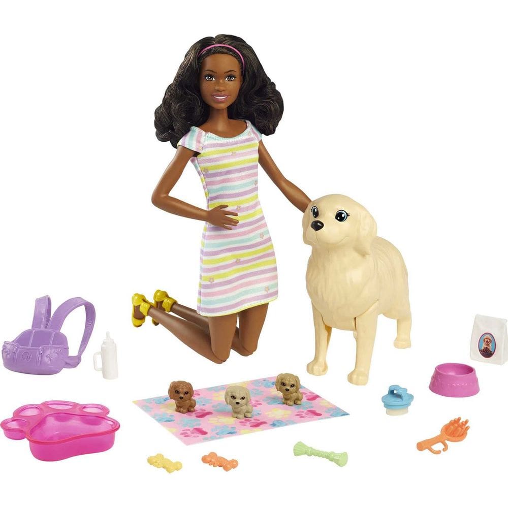 Boneca Barbie de brinquedo e animais de estimação com boneca morena, mamãe cadela e 3 filhotes