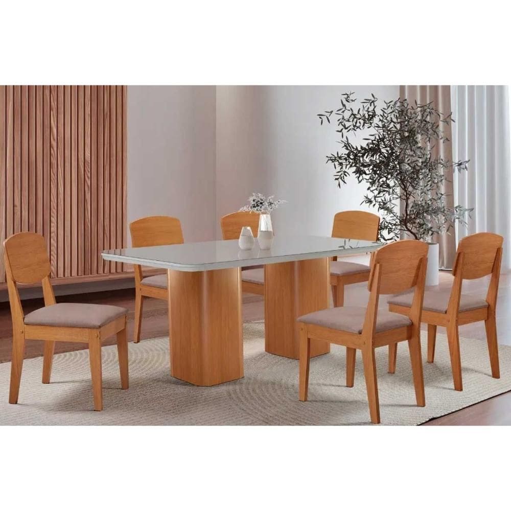 Sala de Jantar Completa Maldivas c/ Tampo Madeirado c/ Vidro Canto Curvo 180x90cm e 6 Cadeiras Havana Naturale/Off White - Linho Capuccino - Rufato