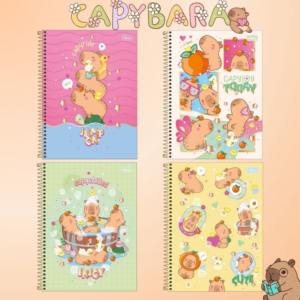 Kit 04 Caderno Espiral Universitário 1 Matéria CapyClub Capivara 80 Folhas Tilibra Capybara Kawaii