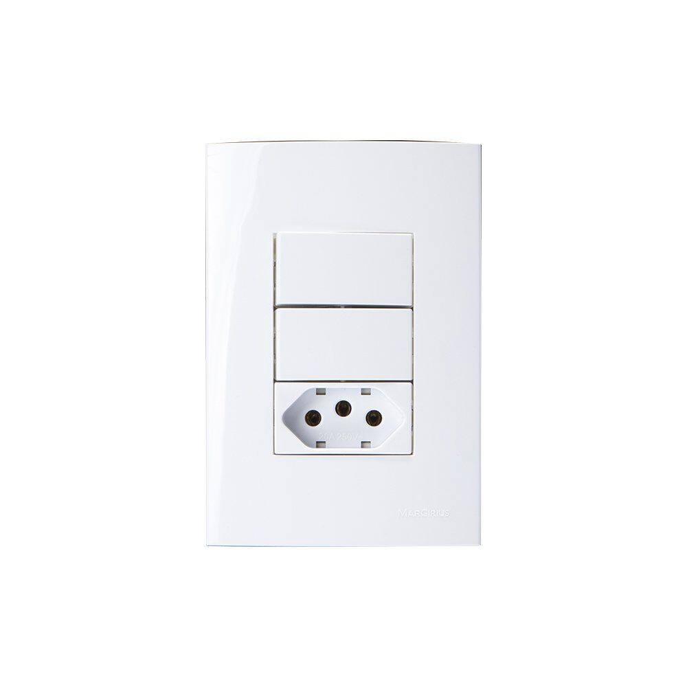 Interruptor Simples Duplo 10A e Tomada 2P+T 20A MarGirius Sleek com Placa 4x2 Branco