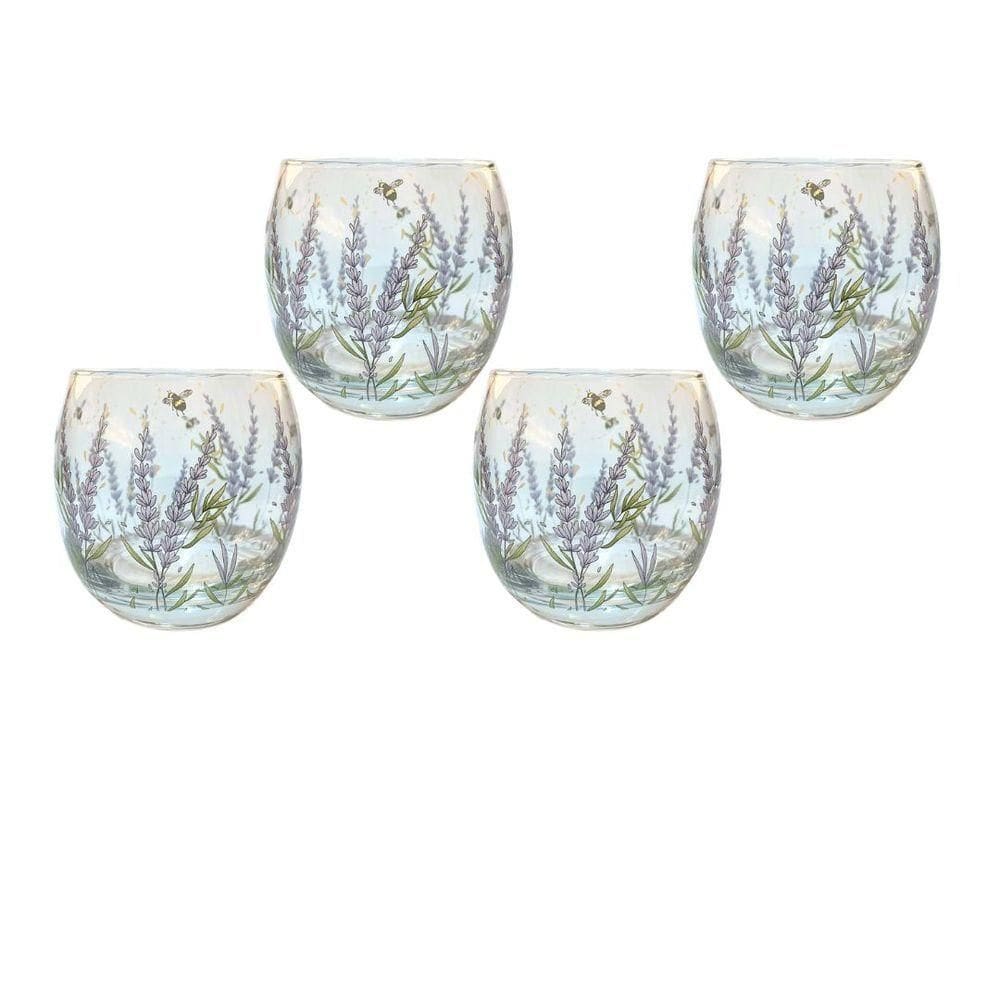 Jogo 4 Copo Redondo Baixo Para Drink água E Suco 345ml Decorado Lavanda