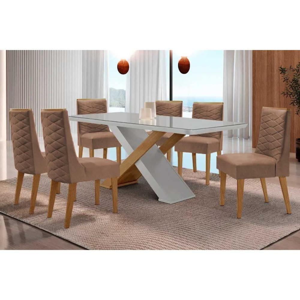 Sala de Jantar Completa Imperatriz c/ Tampo Madeirado c/ Vidro Canto Curvo 180X90cm e 6 Cadeiras Dafne Naturale/Off White - Corano Capuccino - Rufato