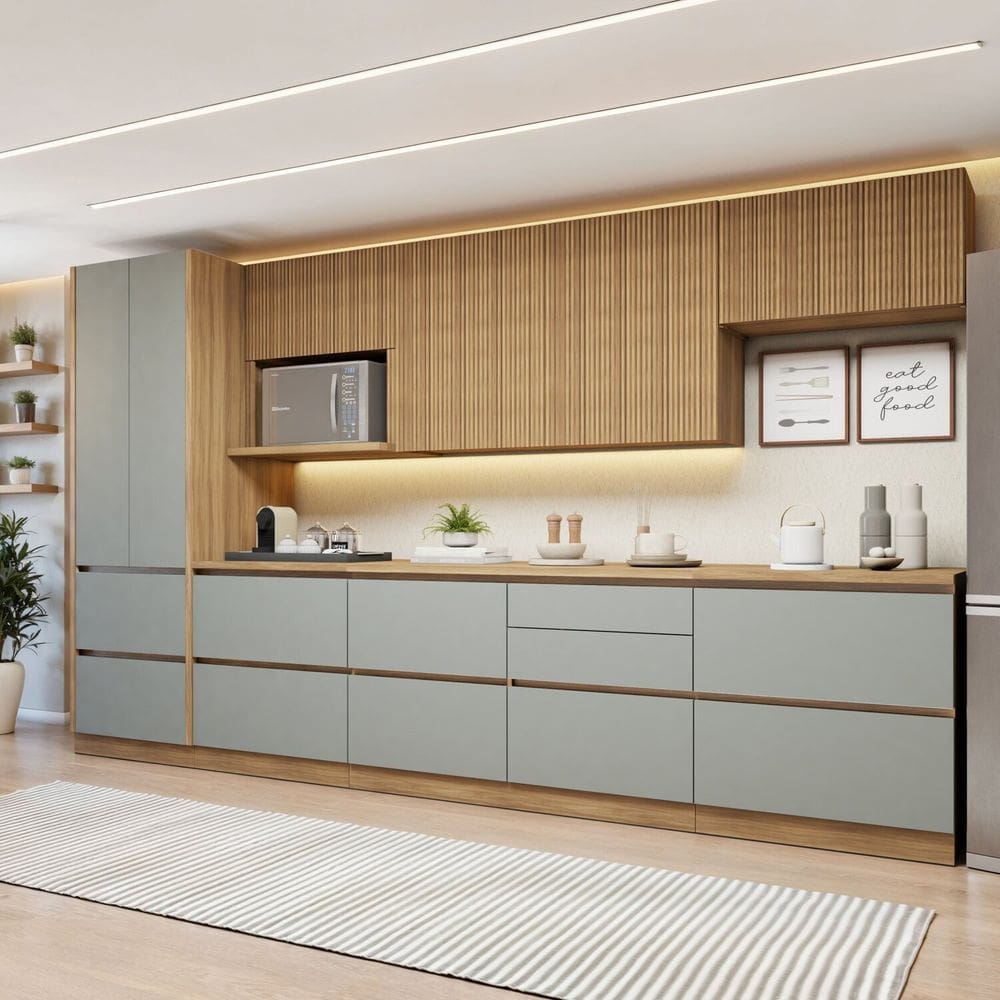 Cozinha Completa Modulada 7 Peças 10 Portas 7 Gavetas com Rodapé Norten Marrom/Verde