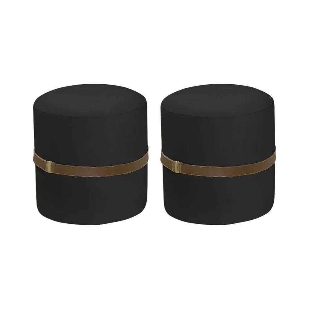 Kit 2 Puffs Decorativos Redondo Old Com Cinto Estofado Veludo Preto