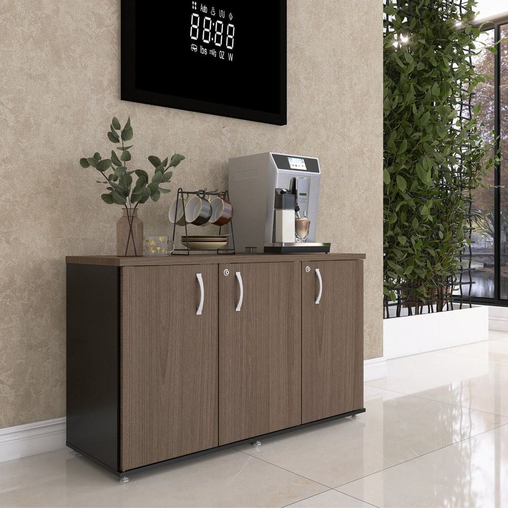 Armário para Escritório 3 Portas Pivotante Credenza Preto/Walnut