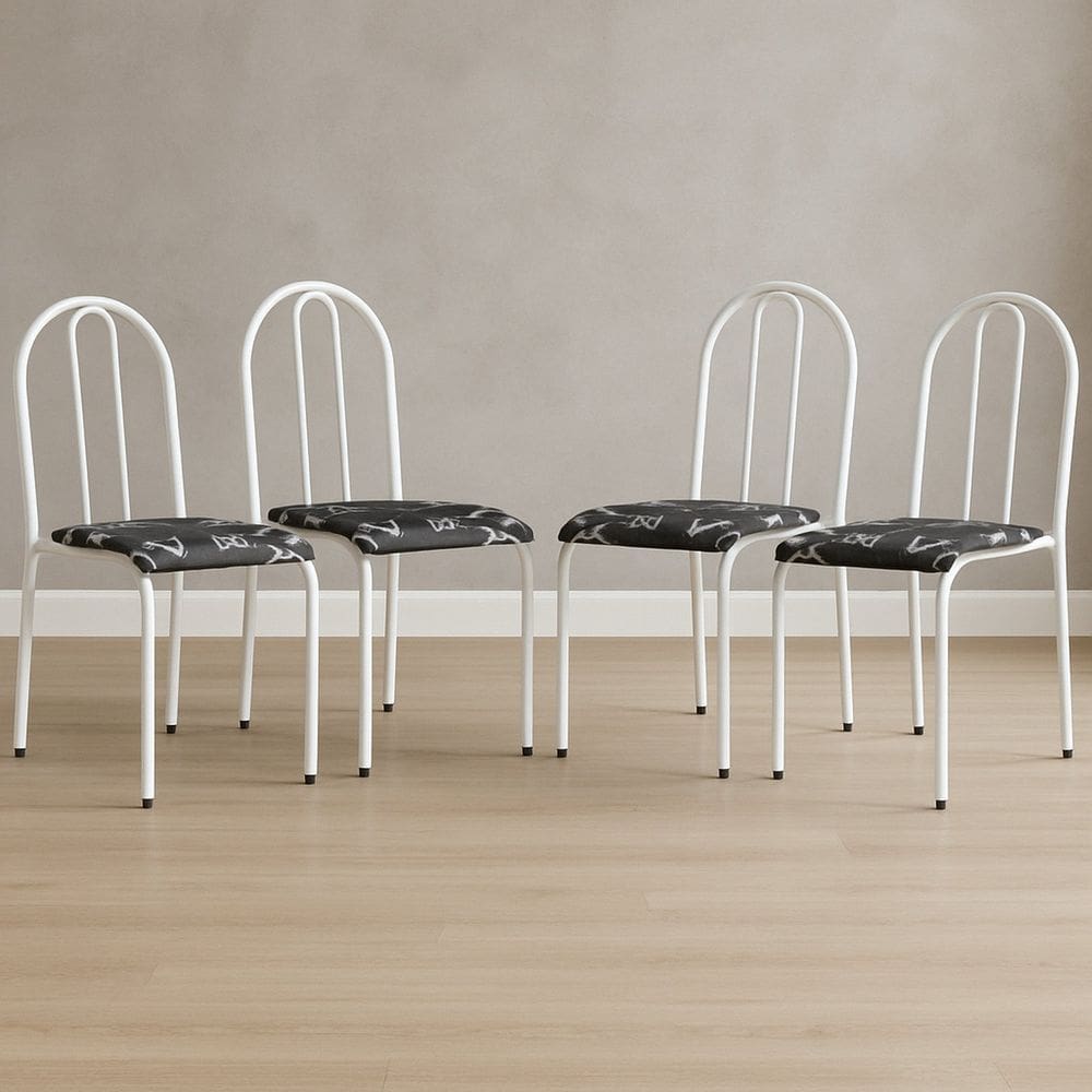 Conjunto 4 Cadeiras para Cozinha e Sala de Jantar Branco/Preto Floral