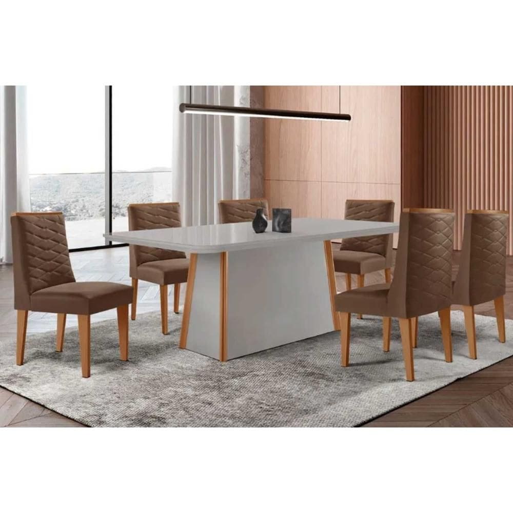 Conjunto Sala de Jantar Tilia c/ Tampo Madeirado c/ Vidro Canto Curvo 180x90cm e 6 Cadeiras Dafne Madeira Maciça Naturale/Off White - Capuccino/Suede
