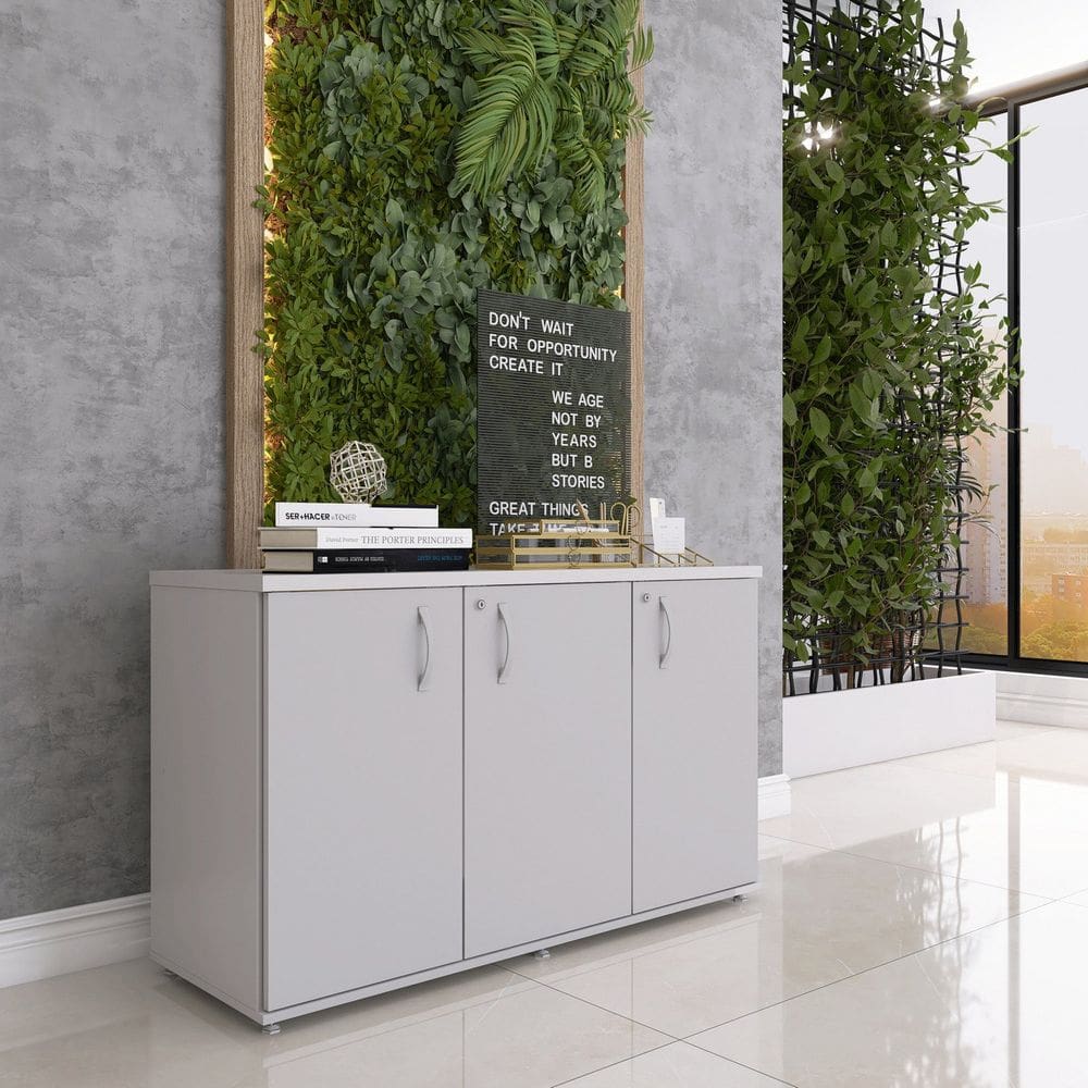 Armário para Escritório 3 Portas Pivotante Credenza Cinza