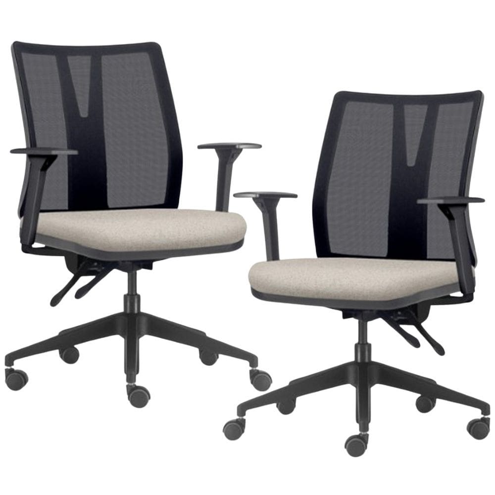 Kit 2 Cadeiras de Escritório Giratória Diretor Flow F02 Base Preta Linho Bege Claro - Lyam Decor