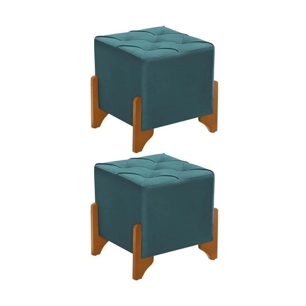 Kit 2 Puffs Decorativos Monet Base De Madeira Veludo Azul