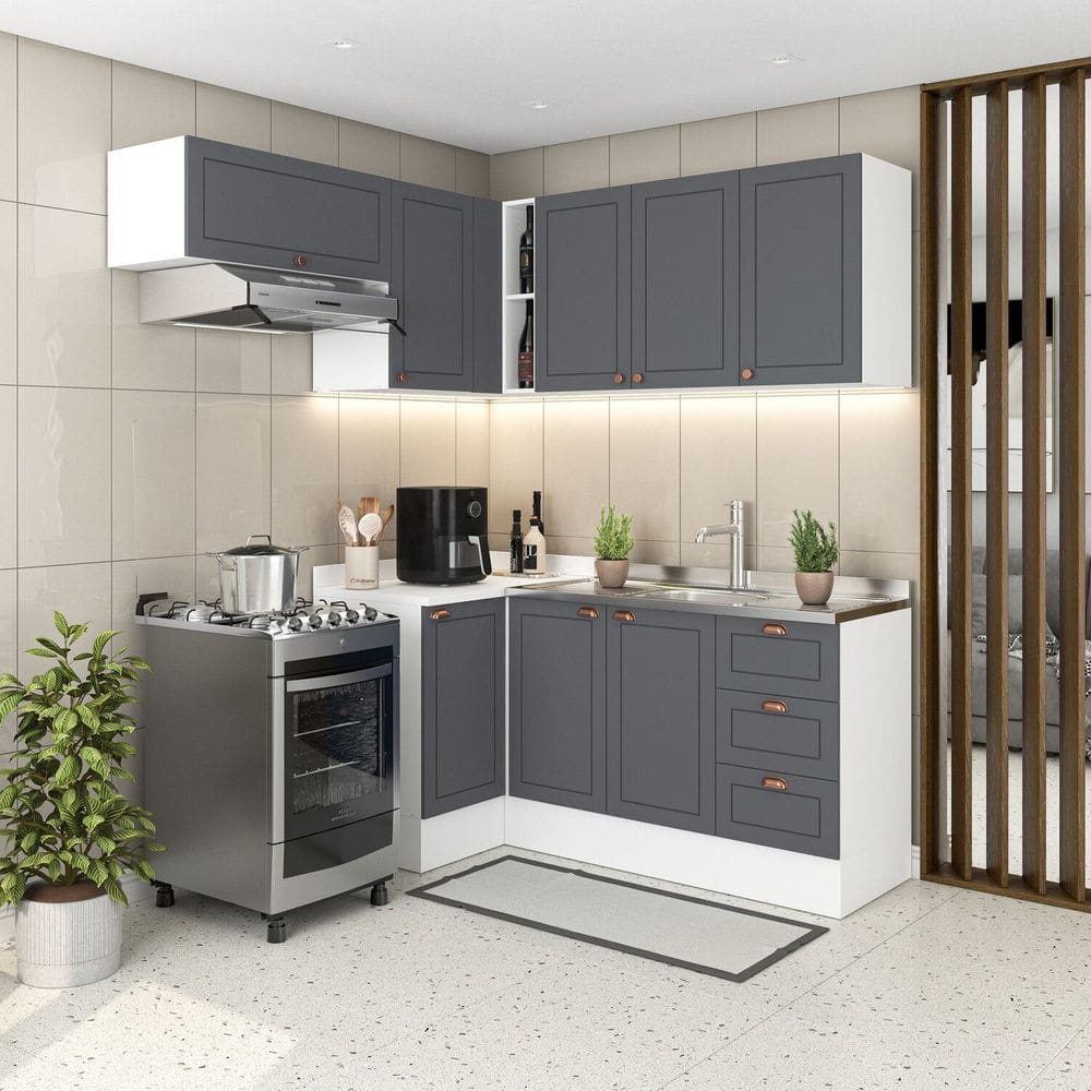 Cozinha 5 Peças com Rodapé Pérola Yescasa Cinza/Branco