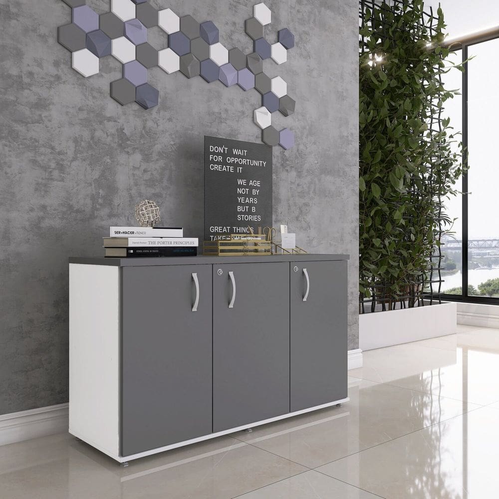 Armário para Escritório 3 Portas Pivotantes Credenza Branco/Grafito