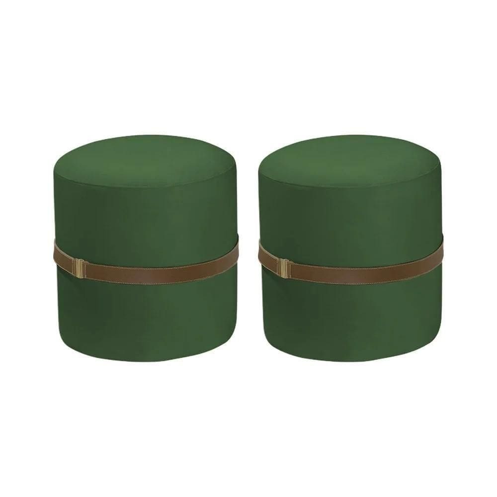Kit 2 Puffs Decorativos Redondo Old Com Cinto Estofado Veludo Verde