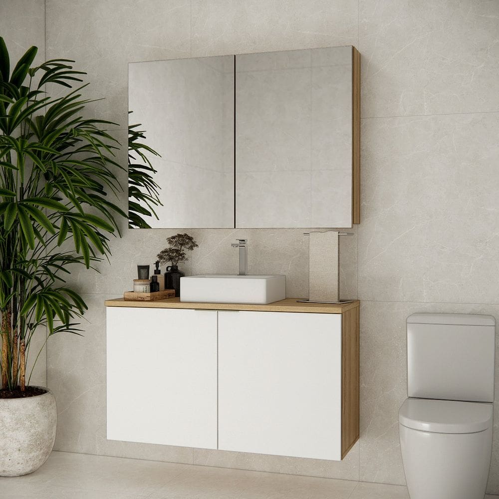 Conjunto de Banheiro com Cuba 110cm Marrom Carvalho / Branco