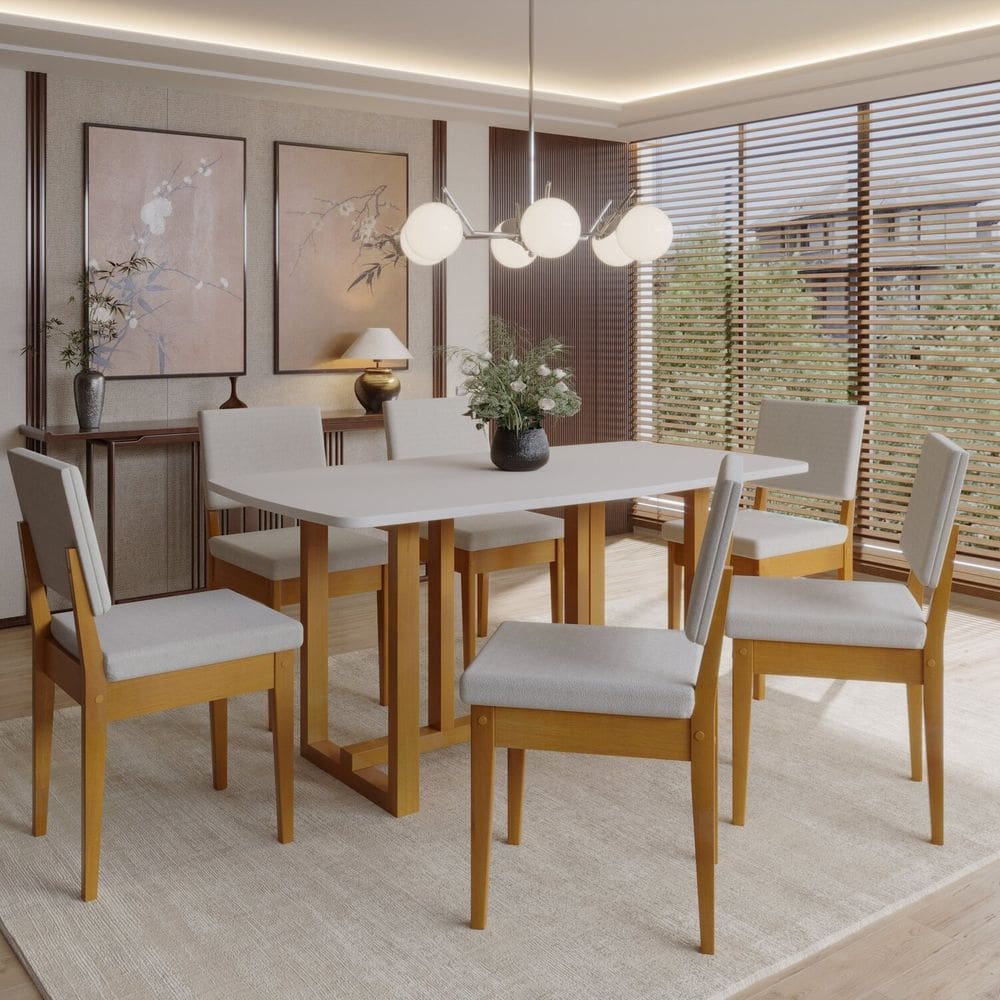 Conjunto para Sala de Jantar Filadélfia Tampo Oval 170cm com 6 Cadeiras Madeira Maciça Miami Cerejeira/Cinza/Off White