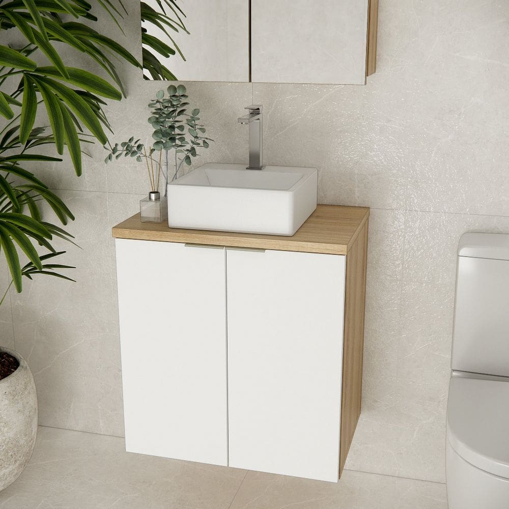 Gabinete de Banheiro com Cuba 60cm Gab4008 Marrom Carvalho / Branco