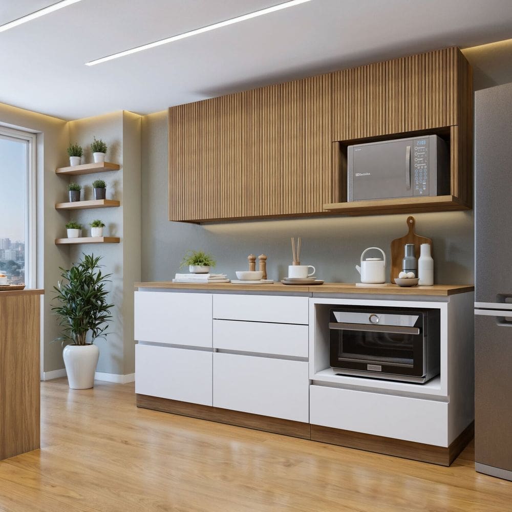 Cozinha Completa Modulada 4 Peças 5 Portas 4 Gavetas com Rodapé Norten Branco/Marrom