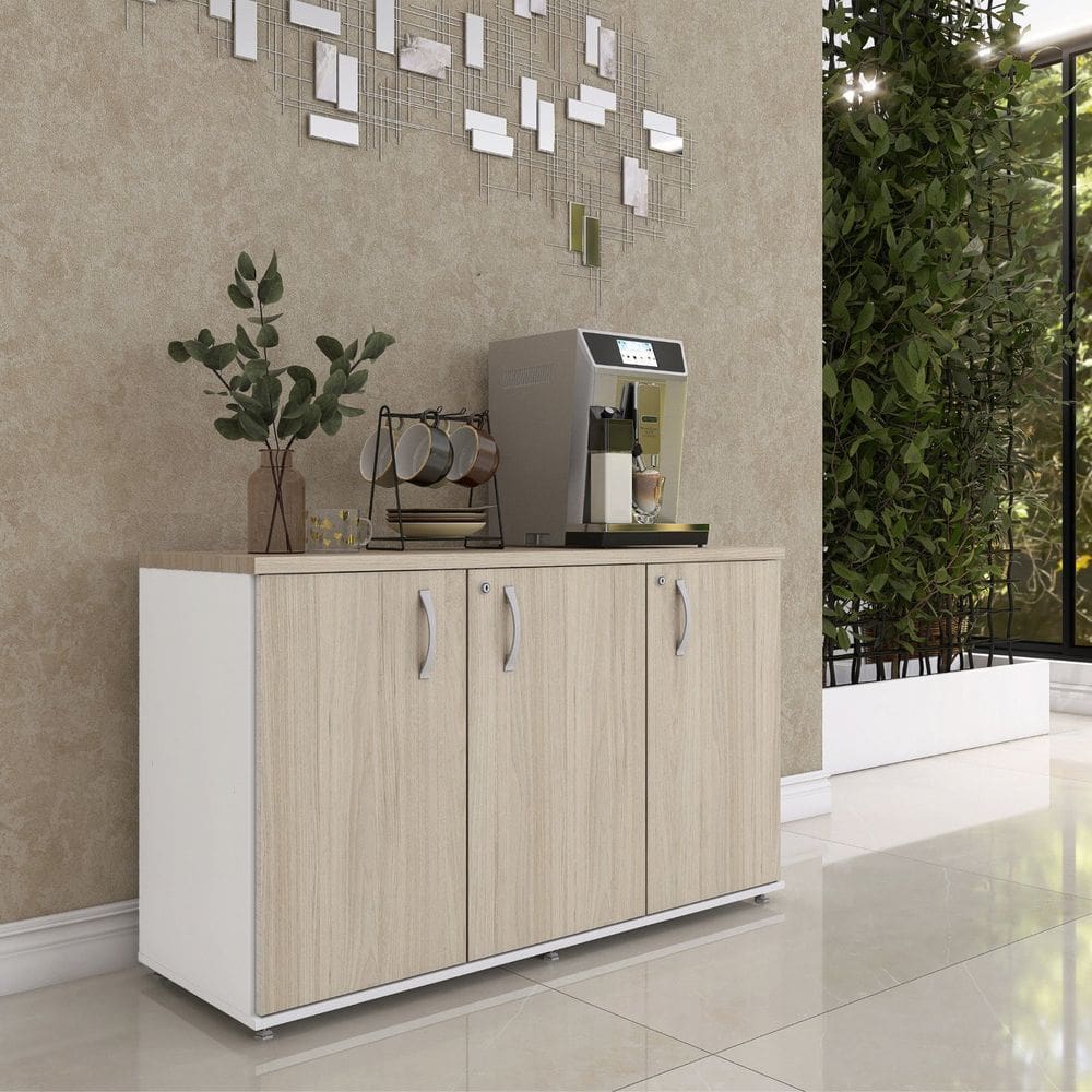 Armário para Escritório 3 Portas Pivotante Credenza Branco/Nogueira