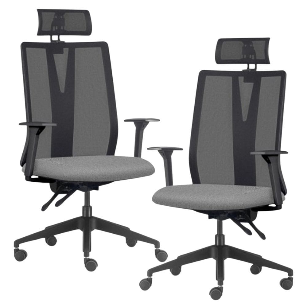 Kit 2 Cadeiras Escritório Giratória Presidente Flow F02 Base Preta Linho Cinza Escuro - Lyam Decor