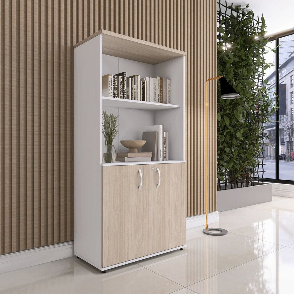 Armário para Escritório Misto 02 Portas Pivotante Branco/Nogueira