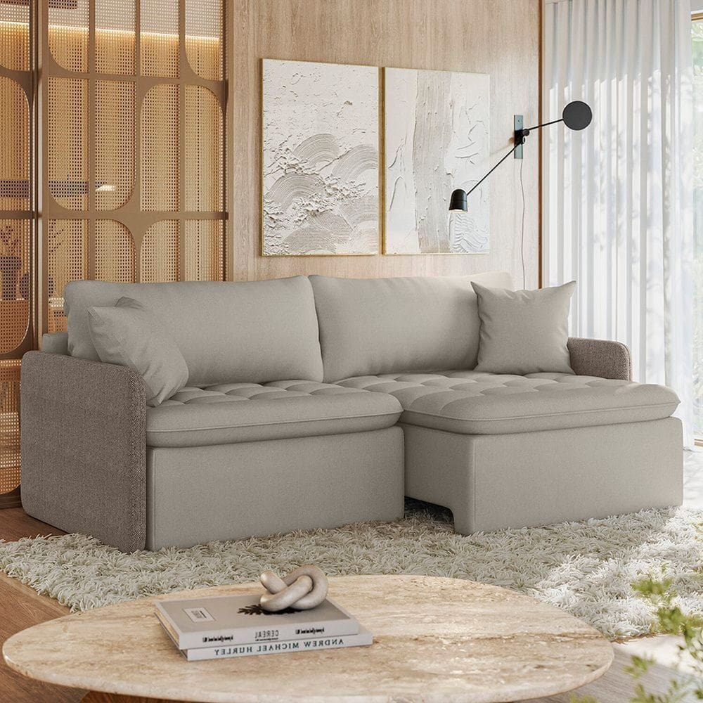 Sofá Cama Retrátil e Reclinável 3 Lugares 234cm Belmopã Espresso Móveis Jacquard Bege Claro/Linhão Marrom Claro