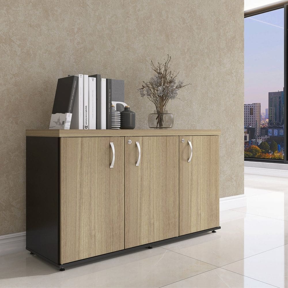 Armário 3 Portas Pivotante Credenza Noce Naturalle/Preto