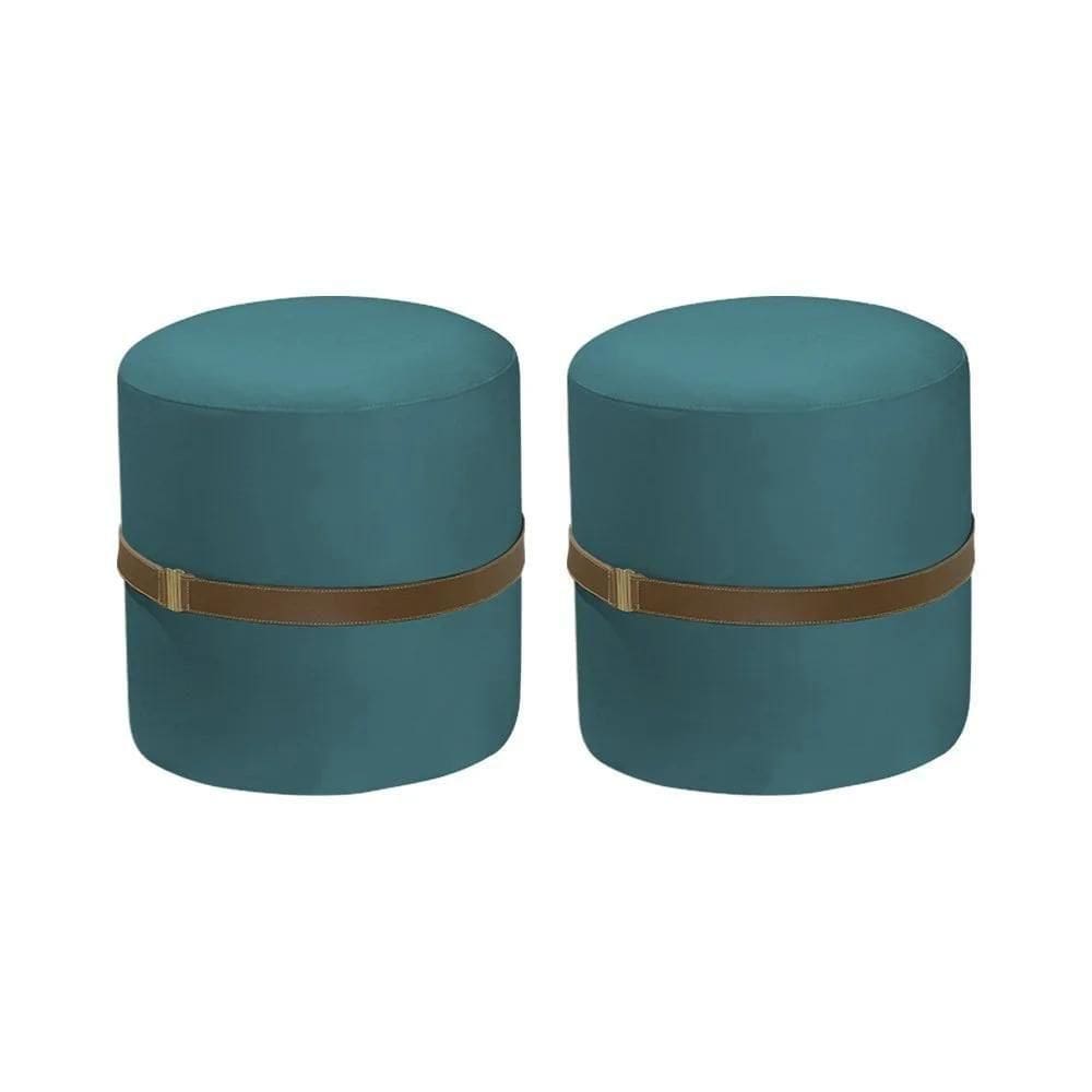 Kit 2 Puffs Decorativos Redondo Old Com Cinto Estofado Veludo Azul