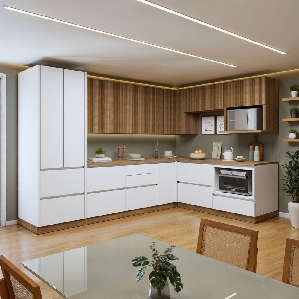 Cozinha Completa Modulada 9 Peças 11 Portas 8 Gavetas com Rodapé Norten Branco/Marrom