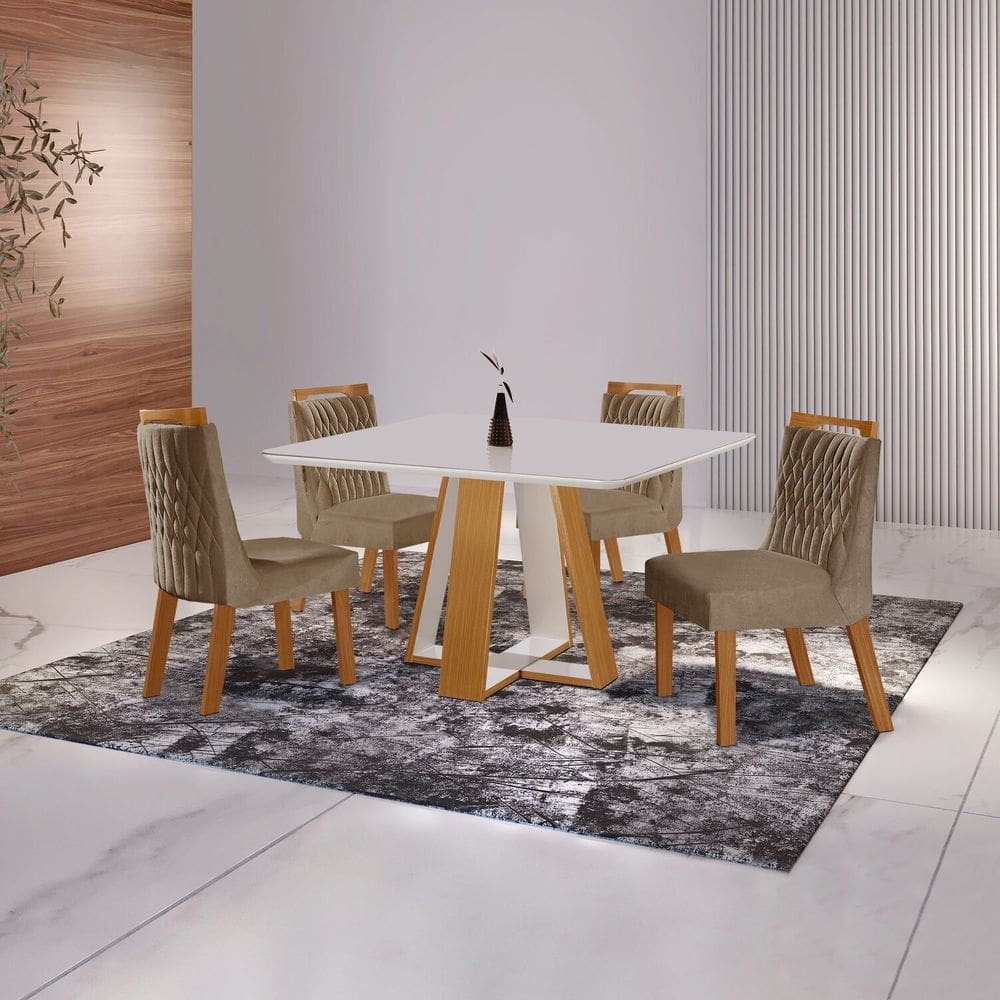 Conjunto Sala de Jantar Mesa Grécia 4 Cadeiras Atena Castanho Cinamomo/Pena Caramelo/Off White